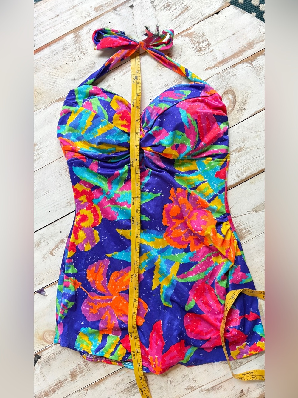 Vintage 90s E-Stewart neon tropical one piece swimsuit halter swimsuit sz 16 EUC - Picture 7 of 12